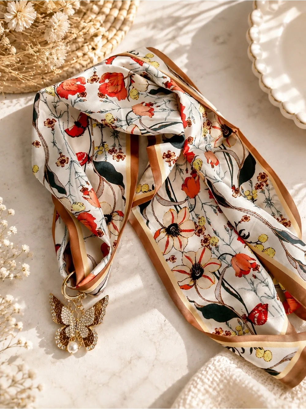 Floral Silk-Feel Scarf with Butterfly Pendant - White & Red